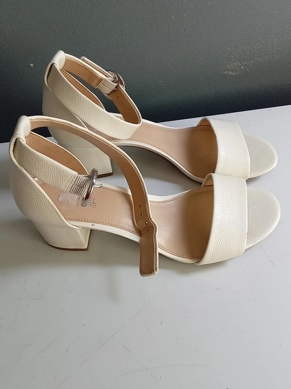 Michael Kors Cream Textured Block Heel Ankle Strap Sandal Off White Silver Buckl